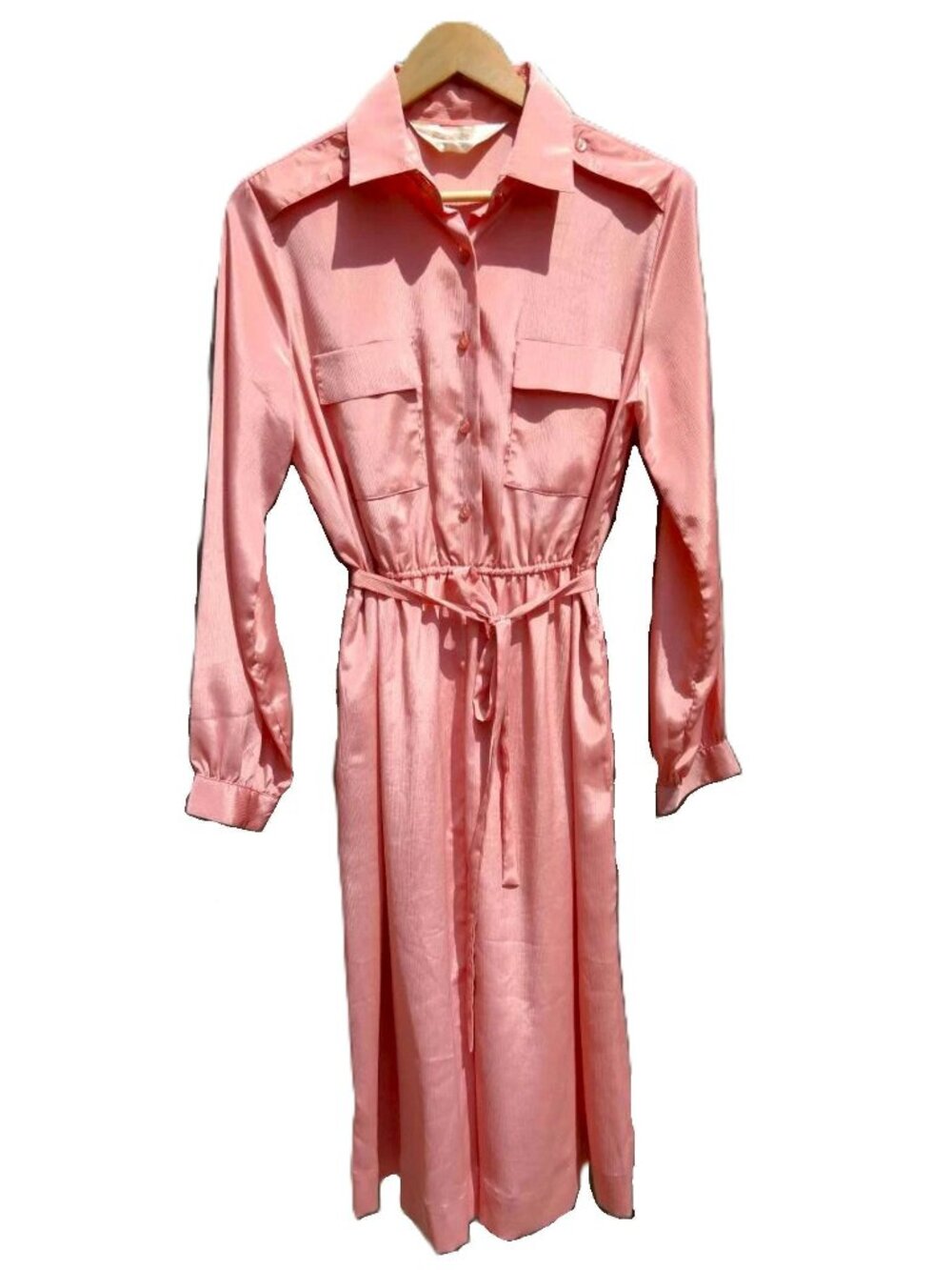 Vintage Pink Silky Dress 38" Bust Secretary Collar Pockets Long Sleeves